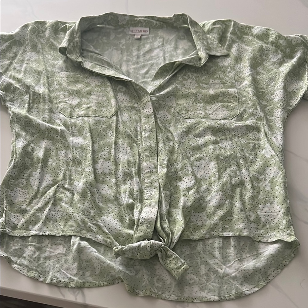 Green Button Down Shirt with Tie Front and Notched Collar